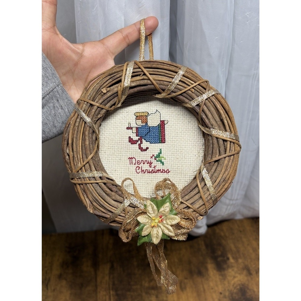 VTG 90s Handmade Wreath Cross Stitch Angel Merry Christmas Ornament‎ cottagecore